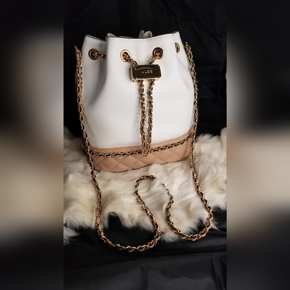 Aldo White and Tan Quilted Backpack with Chain Strap